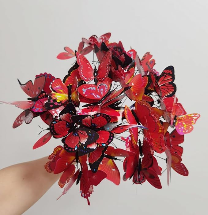 3D Butterfly Garden Stake Decor,10" PVC Butterfly Garden Decor for Outside,Shaking Head Artificial Butterflies for Cake Bouquet Wall Lawn Pathway Plant Pot Flower Bed Yard Decor (50, Red)