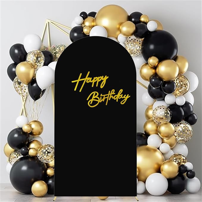 HAINARverS 7.2FT Black Arch Backdrop Cover Spandex with Glitter Gold Happy Birthday Sign for Wedding Birthday Party Ceremony Banquet Decoration(Black)