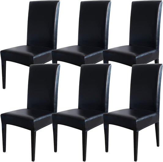 Qubjus Dining Chair Covers, Solid Pu Leather Waterproof Oilproof Stretch Dining Chair Protector Cover Slipcover (Black, 6 Pack)