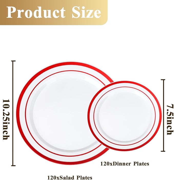 Goodluck 200 Pack Red Rim Plastic Plates - 100 Dinner Plates (10.25") & 100 Dessert Plates (7.5") - Heavy Duty Disposable White Plates with Elegant Red Trim - Premium Dinnerware Set for Wedding