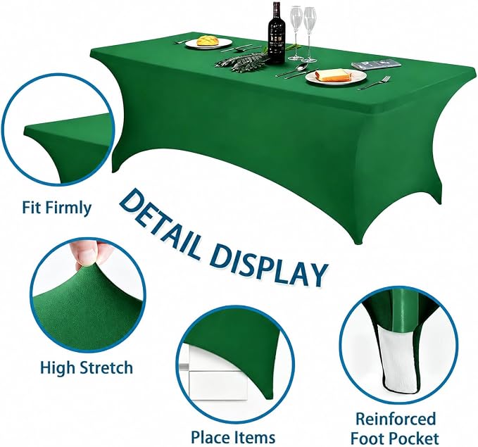 6FT Green Table Cloth - 2 Pack Fitted Stretch Rectangle Spandex Tablecloth, Washable Table Cover for Party, Picnic, Wedding, Banquet, Birthday and Festival(30" x 72")