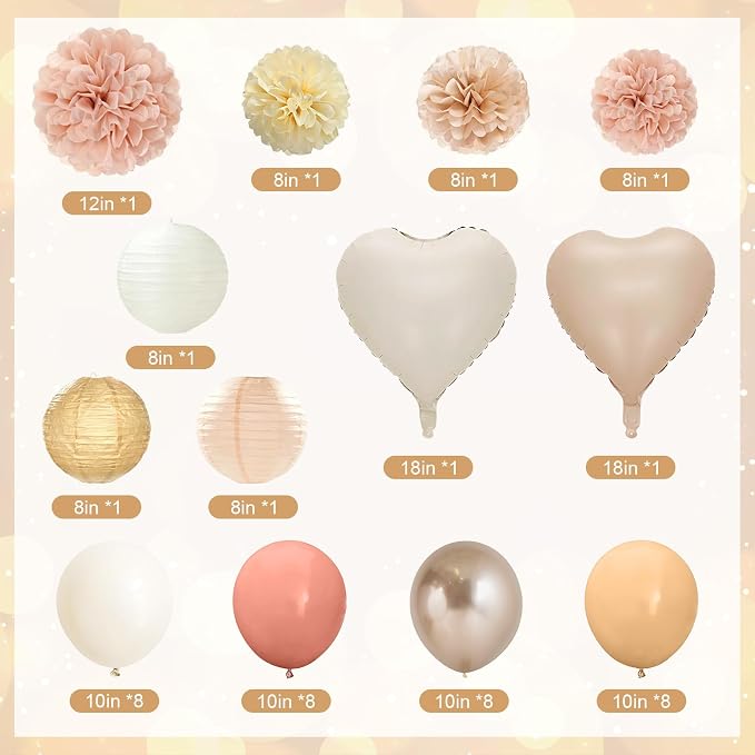 56 Pcs Champagne-Gold Beige Boho Birthday Decorations for Women Girls, Happy Birthday Banner, Cream Neutral Balloons, Tassel Garland, Peach Paper Lanterns, Tissue Pom Poms Fan, Rustic Backdrop Decor