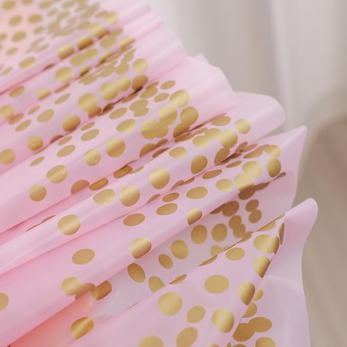 Plastic Tablecloth Roll – 54" x 100' Plastic Tablecloths for Parties Disposable with Cutter Box - Cut to Size Disposable Tablecloth for Rectangle & Round (Gold Dots-Pink)