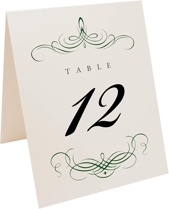 Decadent Flourish Wedding Table Numbers (Select Color/Quantity), Champagne, Hunter Green, 1-25, Double Sided, Tent or Use in a Stand, Great for Parties & Restaurants