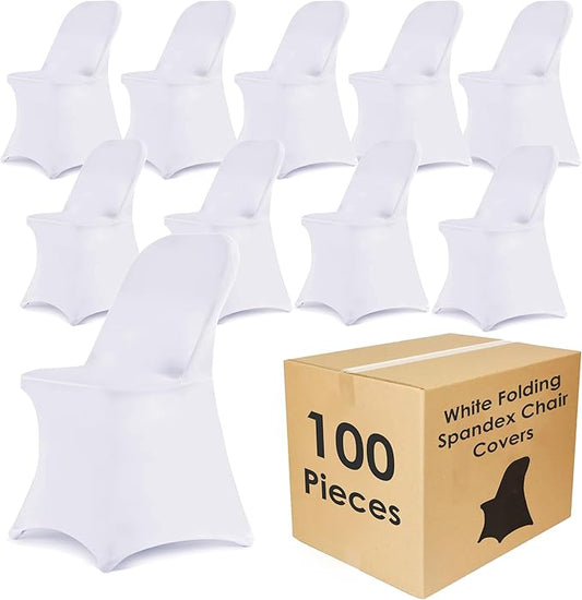 Craft And Party 100 Pack White Spandex Folding Chair Covers, Stretch Polyester Slipcovers for Wedding, Party & Dining Chairs – Flat Front Design, Universal Fit