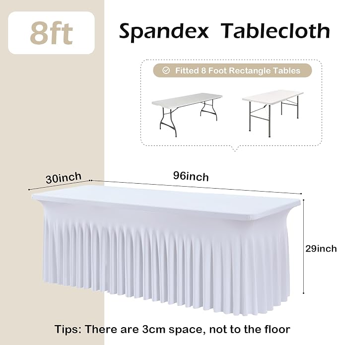 12 pk White Spandex Table Cloth Rectangle 8ft with Ruffle Skirt,Wrinkle Free High-Stretch Fitted Tablecloths for 8 Foot Rectangle Tables,Elastic Spandex Table Covers 8 ft for Parties Weddings Banquet
