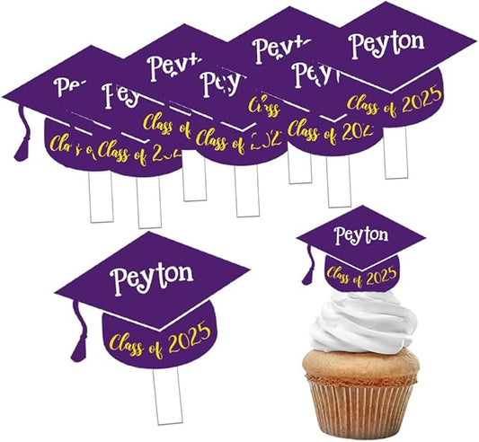 Cupcake Toppers Graduation Class of 2025 Purple School Colors Student or School Party Favors Acrylic Food Picks or Cake Accessories Personalized with Custom Name - 12 Piece Set