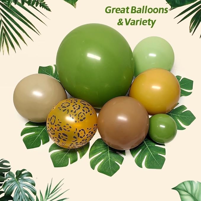 Sage Green Brown Balloons Double Stuffed Dusty Olive Green Mustard Yellow Balloon Arch Animal Print Balloons Palm Leaves for Baby Shower Birthday Safari Jungle Woodland Wild One Tropical Party Decor