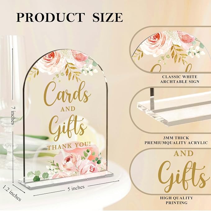 2 Pcs Acrylic Wedding Signs for Reception, Bridal Shower Decorations, Cards and Gifts Signs, Guest Book Sign, Arch Acrylic Table Top Sign with Holder for Wedding Reception (Clear Pink Flowers)