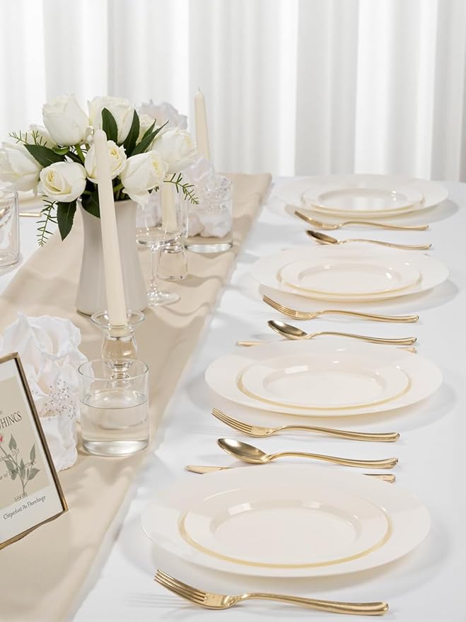 WDF 200PCS Ivory Plastic Plates - Elegant Ivory Disposable Plates for Party- Include 100 Dinner Plate 10inch and 100 Plastic Dessert Plate 7inch Perfect for Party Baby Shower Spring Mother's Day