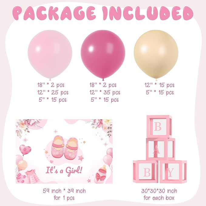 Baby Shower Balloons - Girl Babys Shower Decor ， Baby Showers Decorations ， Baby Shower Decors ， Carry a Background Cloth And 4 Baby Balloon Boxes