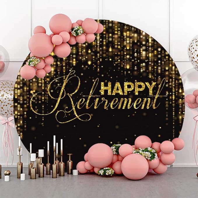 Yeele 6x6ft Happy Retirement Round Backdrops Cover Black and Gold Glitter Circle Background for Photogaphy Retirement Party Decorations Glitter Lights Congrats Retirement Photo Booth Props