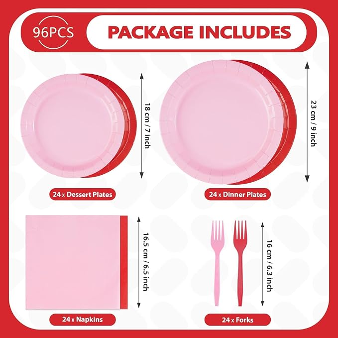 96Pcs Pink Red Birthday Party Decorations Red and Pink Plates and Napkins Disposable Solid Color Paper Tableware Set for Girls Women Birthday Mother's Day Bridal Shower Party Supplies Serves 24
