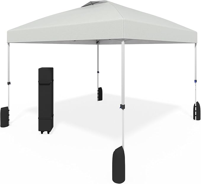 10x10 Pop Up Canopy - Instant Setup Beach Tent with Wheeled Carry Bag, 8 Sandbags & 4 Guy Lines - Portable Sun Shade for Camping, Events, Silver Coated Top, White