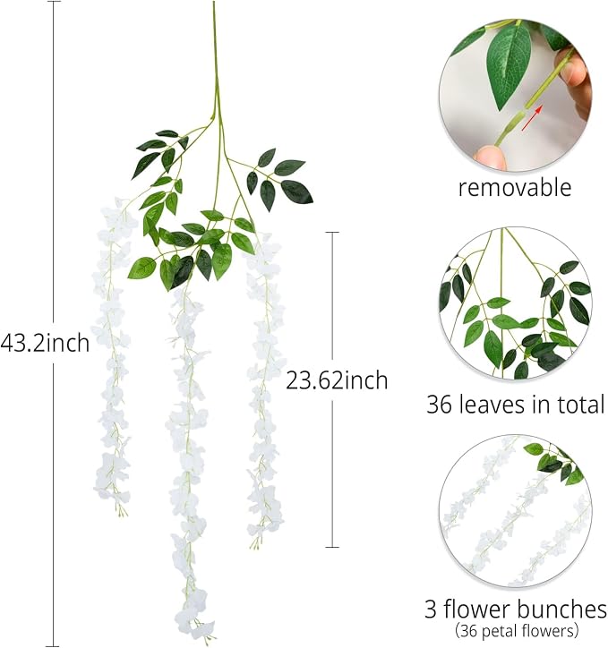 12 Pack Artificial Wisteria Hanging Flowers Fake Wisteria Flower Silk Vines Rattan Decor for Home Wedding Arch Wall Garden Greenery Bedroom Outdoor Office Party Decoration (White)