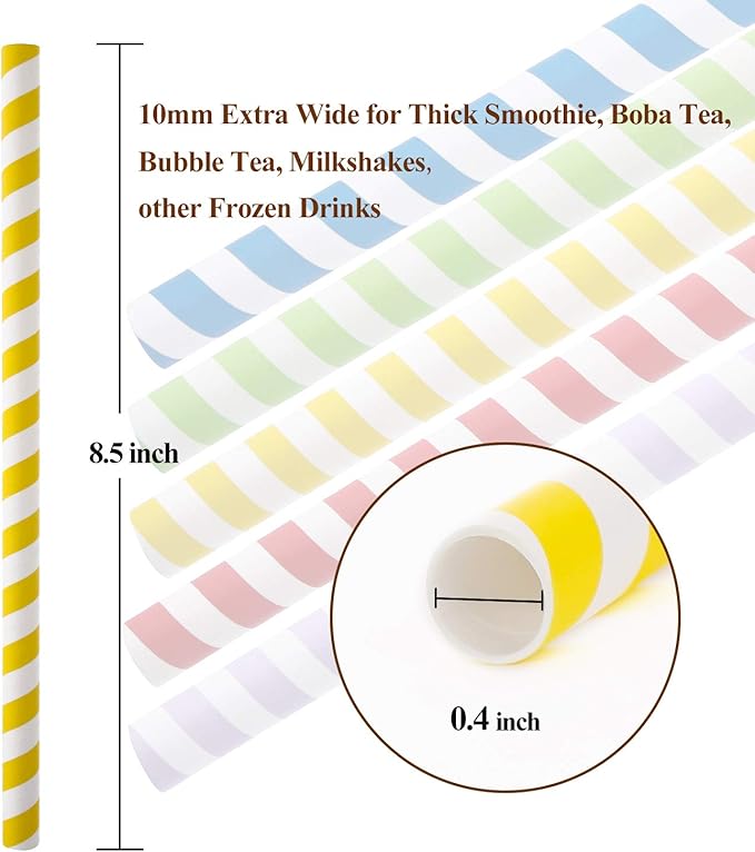 100 Pack, Extra Wide Paper Smoothie, Boba Straws - 10 mm Wide Biodegradable Straws for Bubble Tea (Tapioca, Boba Pearls), Milkshakes, Jumbo Drinks - Shower, Wedding Party Supplies Decorations