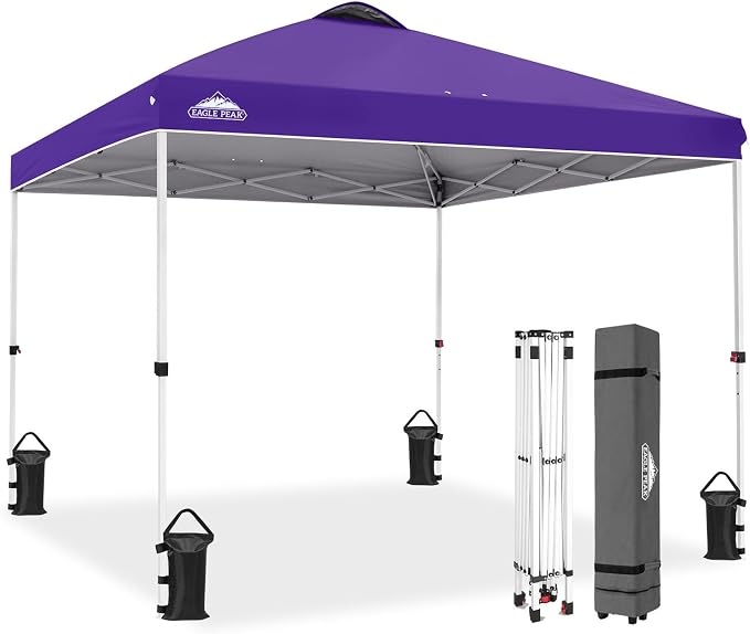 EAGLE PEAK Pop Up Canopy Tent with Wheeled Carry Bag, 8 Stakes, 4 Ropes, 4 Weight Bags, Easy Set Up Tent Canopy, 10x10 ft, 100sqft of Shade, Purple