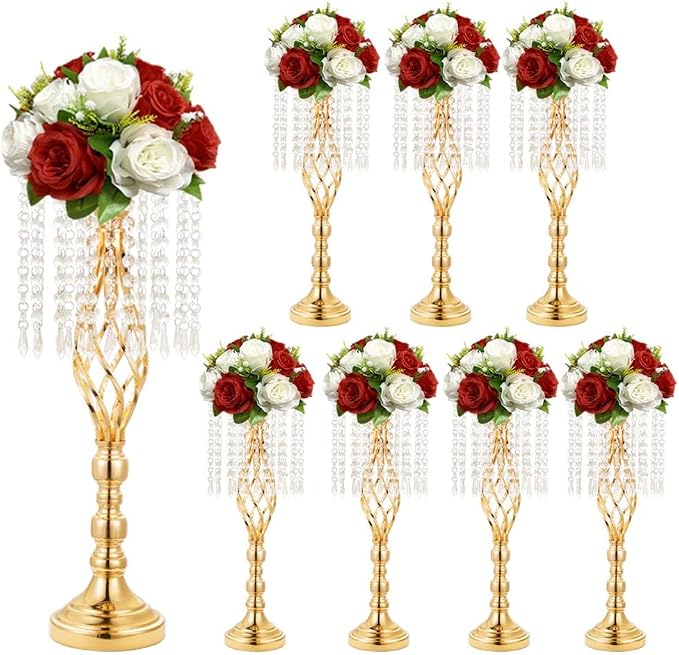 8 pcs 21.65 Inch Wedding Gold Flower Centerpieces Crystal Metal Flower Vase Wedding Centerpieces for Tables Decorations