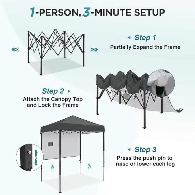 EAGLE PEAK 6x4 Instant Pop Up Canopy Tent with 1 Half Wall Panel, Straight Leg Sun Shelter, Portable Canopy with Carry Bag for Camping, Beach & Sports, Dark Gray