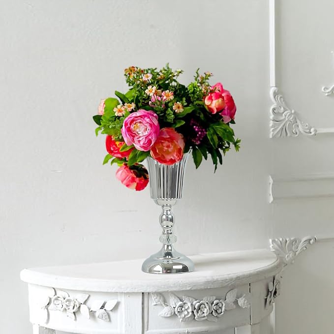 11.6 inches Metal Wedding Flower Trumpet Stripe Vases Table Centerpieces for Artificial Flower,Arrangements Anniversary Celebration/Wedding/Party/Birthday Event Aisle Home Decor (Silver, 6pcs)