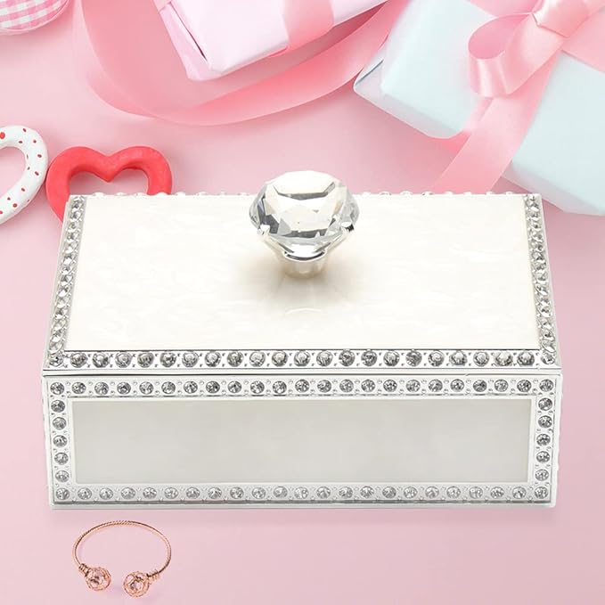LASODY Diamond Crystal Jewelry Storage Box for Rings Earrings Necklace Treasure Chest Organizer Jewelry Keepsake Gift Box Case for Girl Women (Diamond Rectangle Silver Plating)