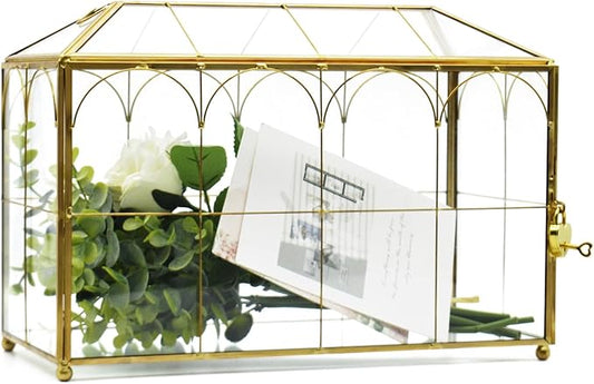 Large Gold and Glass Card Box for wedding with Lock and Slot - Wedding Envelope Card Holder for Reception Clear Lock Box with Key Geometric Handmade Vintage Card Box for Wedding Party