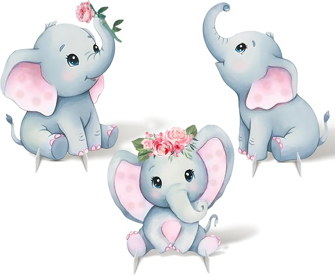 3Pcs Pink Elephant Baby Shower Decorations with Stakes & Stands, Waterproof Large Baby Elephant Cardboard Cutouts Standup Cartoon Birthday Party Indoor Outdoor Decor for Photo Booth Props