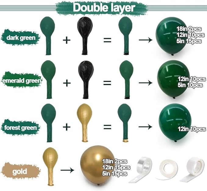 Emerald Green Gold Balloons Garland Double Stuffed Dark Green Gold Balloons Hunter Forest Metallic Arch Kit for Birthday Baby Shower Jungle Graduation Prom Party Decorations