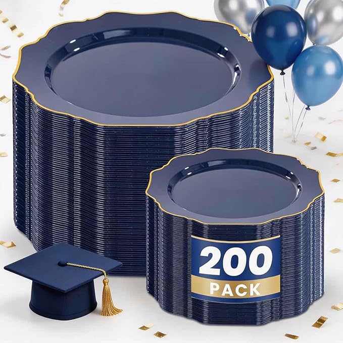 WDF 200pcs Blue Plastic Plates - Navy Blue Plates Disposable - Heavy Duty Plastic Plate for Weddings/Parties/Birthday/Graduation