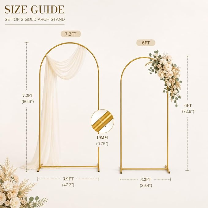 Gold Wedding Arch Backdrop Stand Set of 2, 7.2FT & 6FT Metal Arch Backdrop for Wedding Ceremony, Balloon Garland & Baby Shower Backdrop, Bridal Shower Decor, Arcos para Decoracion de Fiestas