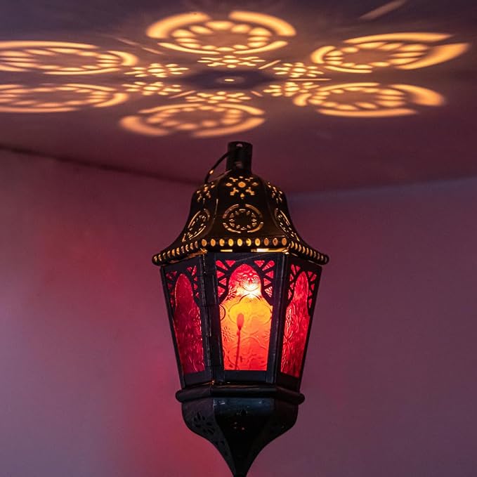 Moroccan Decorations, Lantern Decorative Indoor & Outdoor, 13.6’’ Vintage Decorative Hanging Lantern with Chain for Home Porch Patio Decor, Metal Ramadan Christmas Candle Holders(Plum Red)