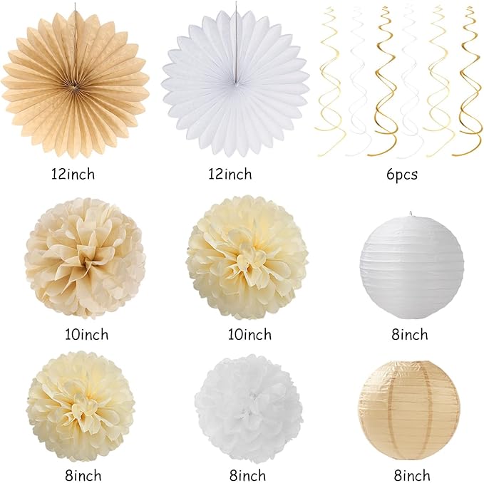 Champagne Gold White Bridal-Shower Party-Decorations - 31pcs Bride to Be Banner,Boho Neutral Bachelorette Paper Lanterns,Wedding Streamers Garland,Tissue Pom Poms Flower Fan Decor Supplies Burgleda