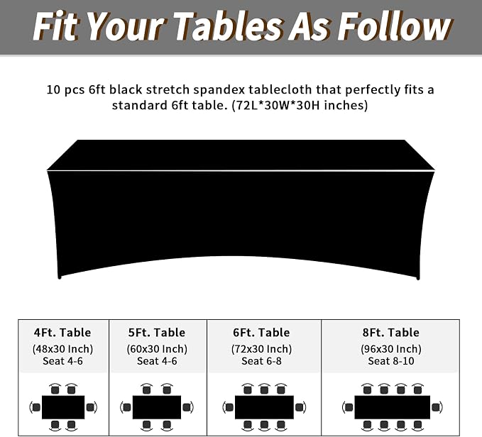 Fixwal 10 Pack 6Ft Black Table Cover, Spandex Fitted Tablecloths Rectangle, Wrinkle-Free and Stretch Folding Table Cloth for Banquet, Wedding, Party, Trade Show