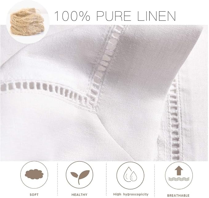 Simple&Opulence Premium 100% Linen Hemstitch Tablecloth-60 x 104 Inch White, Natural Fabric, Rectangular Tablecloth for Indoor and Outdoor Use