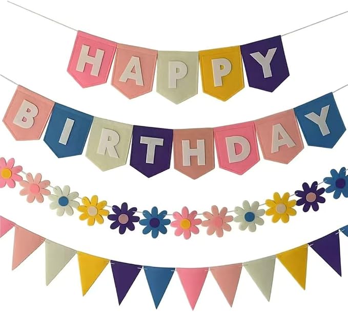Yancan Colorful Happy Birthday Banner for Girls Women Party Decoration | Pre-strung Felt Happy Birthday Banner, Flowers Garland, Triangle Flags