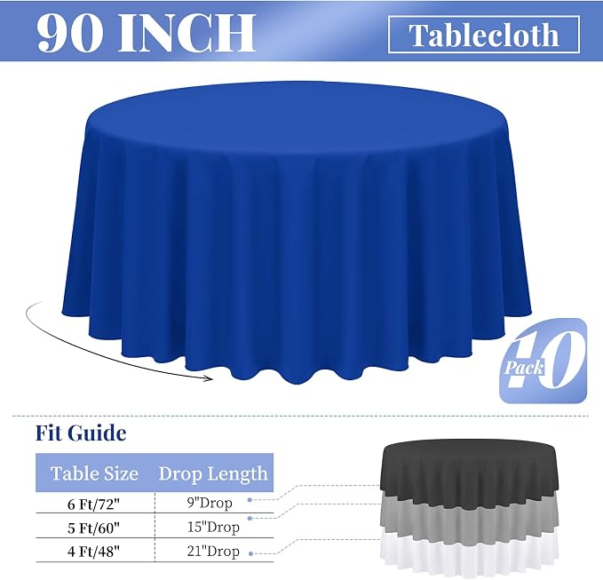 Fani 10 Pack 90 Inch Round Royal Blue Polyester Tablecloths for Round Table, Stain and Wrinkle Resistant, Perfect for Wedding Party Dining Table Buffet Banquet Restaurant and Camping