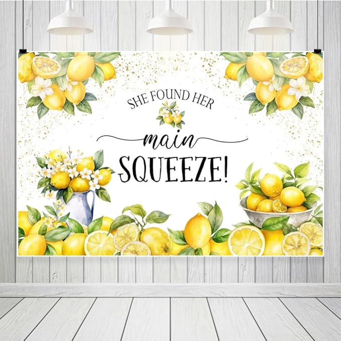 Leowefowa She Found Her Main Squeeze Backdrop for Photography 20x10ft Vinyl Blue Floral Lemon Bridal Shower Decorations Bachelorette Bride to Be Engagement Party Backdrops Photo Booth Banner