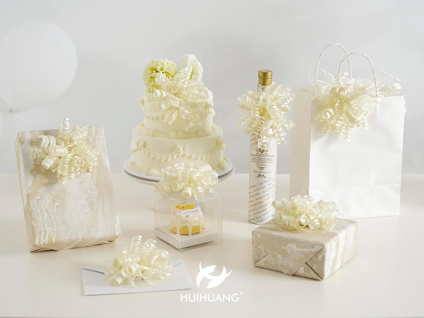 HUIHUANG Gift Wrapping Bows Gift Wrap Accessory Ivory Curly Ribbon Bow 5 inch x 8 Counts Stick On Bows for Presents, Paper Bag, Party Favors, Bridal Shower Wedding Decoration
