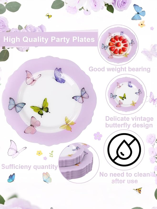 WDF 20PCS Purple Butterfly Plates - Baroque Spring Plates Disposable - Butterfly Party Decorations for Birthdays/Tea Party/Bridal Shower/Mother's Day