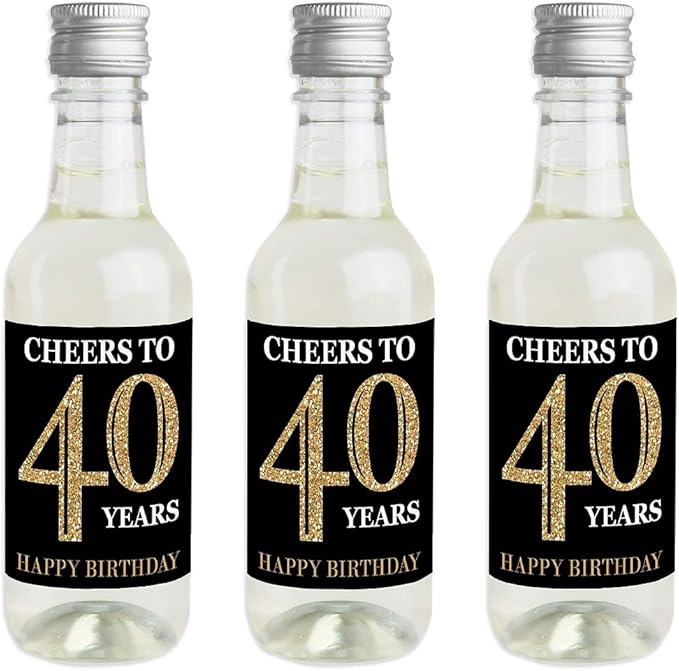 Big Dot of Happiness Adult 40th Birthday - Gold - Mini Wine and Champagne Bottle Label Stickers - Birthday Party Favor Gift for Women and Men - Set of 16