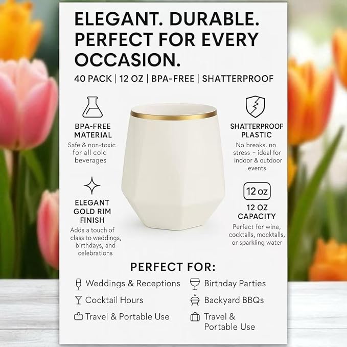 Oojami 40 Pack Disposable Plastic Wine Glasses Gold Rim 12 Oz (White Gold) | Diamond Stemless Clear Cups, BPA-Free Shatterproof Unbreakable Reusable, Cocktail Champagne Whiskey Cups, Wedding Party Bar
