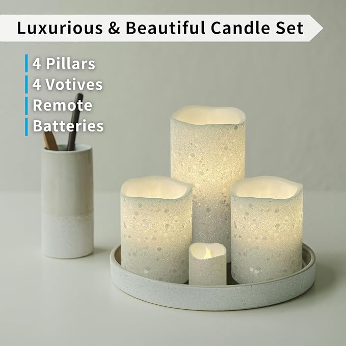 FURORA LIGHTING White Glitter Flameless Candles - Real Wax, Adjustable Brightness, Remote & Timer - 4 Pillars (3x4, 3x6) and 4 Votives, 8-Pack, Battery Operated