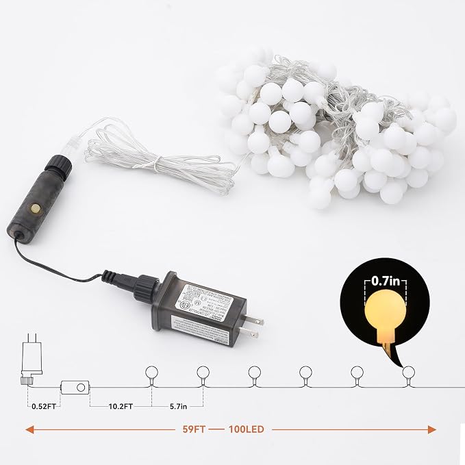 Dailyart Globe String Lights, 100Led 59FT Waterproof Fairy Lights Plug in 8 Modes with Remote Control, Brightness Adjustable &Timing String Lights Indoor Outdoor, Fairy Lights for Bedroom, Warm White