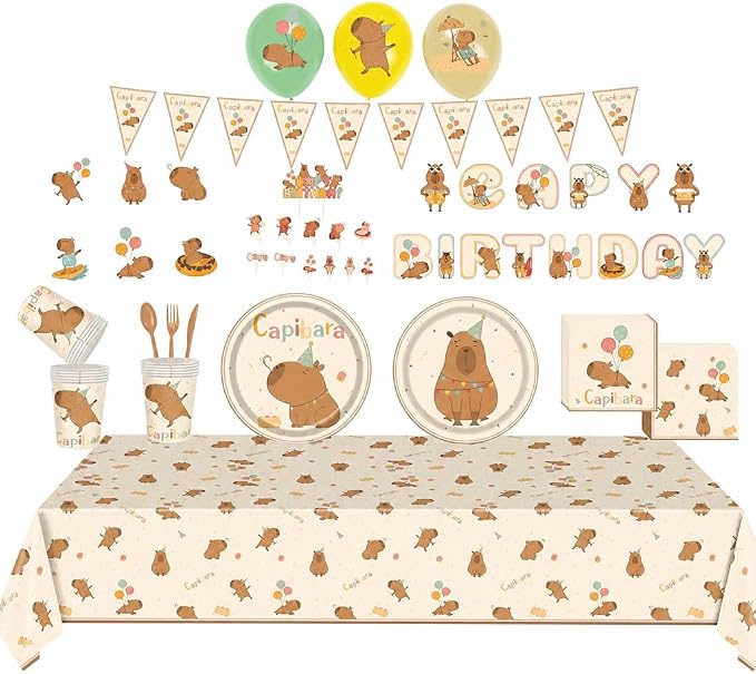 120 PCS Capybara Birthday Party Supplies for 10 Guests, Cute Animal Theme Decorations and Tableware Set with Banner, Balloons, Plates, Cups, Napkins, Cutlery, Tablecloth, and Toppers