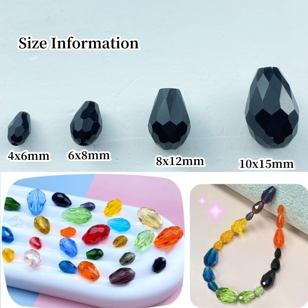 50pcs 10x15mm Teardrop Crystal Glass Beads Vertical Hole Faceted Glass Teardrop Spacer Beads for Bracelets Necklace Earring DIY Jewelry Making Craft(Black)