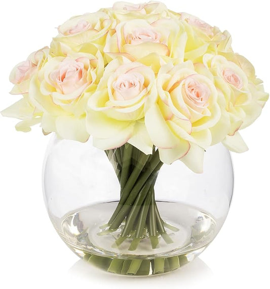 ENOVA FLORAL 16 Heads Silk Rose Artificial Flowers in Vase,Faux Rose Flowers Arrangement in Round Bowl Vase with Faux Water for Table Decor Centerpieces (Champagne)