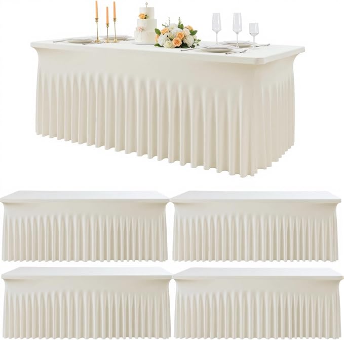 Outpain 6ft Spandex Table Cloth for Standard Folding Tables-4Pack Ivory Table Cloth Table Protector for Party, Wedding, Cocktail, Banquet, Festival