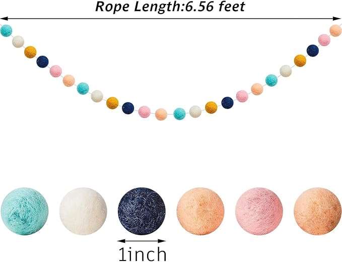 WILLBOND 3 Pieces Wool Felt Rainbow Ball Garland Colorful Pom Pom 6.5 ft Long 24 Ball Garland for Easter Mardi Gras Classroom Halloween Thanksgiving Xmas (Cute Colors)