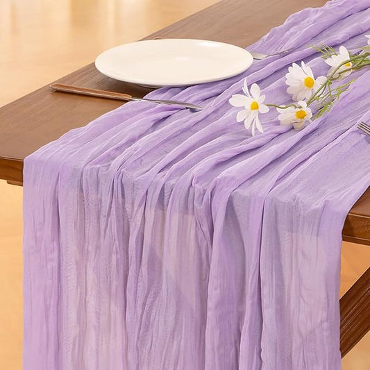 Socomi 2pcs Lilac Purple Lavender Cheesecloth Table Runner Easter Spring Boho Rustic Gauze 120 inch 10FT Cheese Cloth Runner for Wedding Party Baby Shower Birthday Home Decor Holiday Decorations