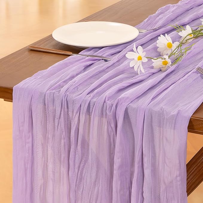 Socomi 10pcs Lilac Purple Lavender Cheesecloth Table Runner Boho Rustic Gauze 120 inch 10FT Cheese Cloth Sheer Runner for Wedding Party Baby Shower Birthday Home Decor Holiday Decorations